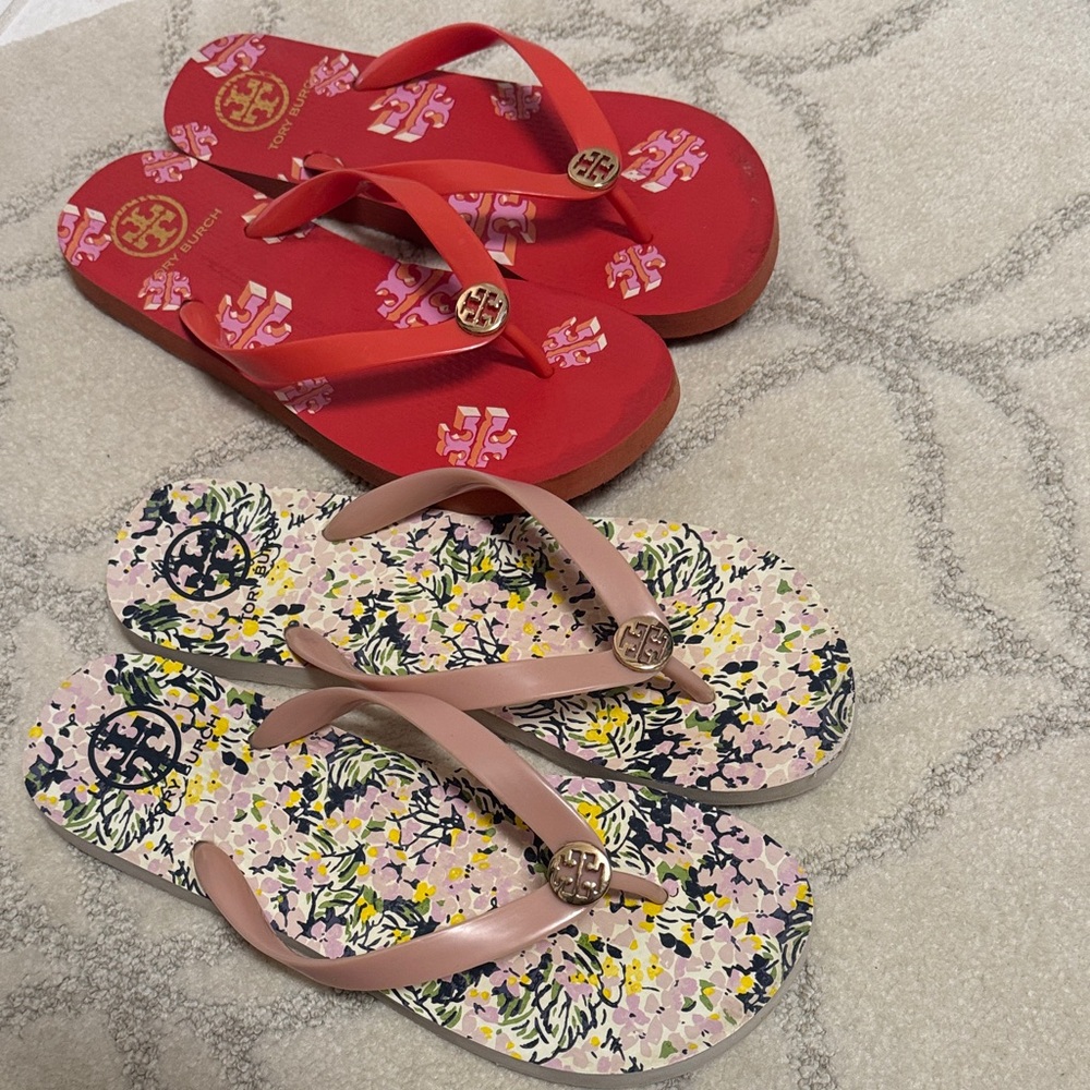 Tory Burch Red and Floral Flip Flops Duo Size 10